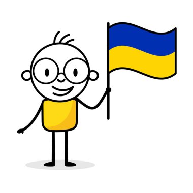 Beyaz arka planda Ukrayna bayrağı tutan adam. El çizimi karalama çizgisi sanatçısı. Ülke kavramı. Vektör stok illüstrasyonu