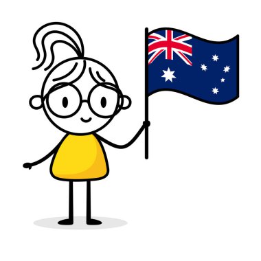 Avustralya bayrağını tutan kadın beyaz arka planda izole edilmiş. El çizimi karalama çizgisi sanatçısı. Ülke kavramı. Vektör stok illüstrasyonu