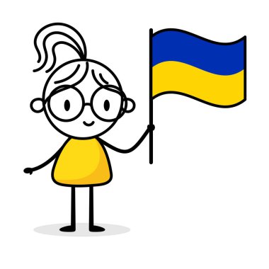 Beyaz arka planda Ukrayna bayrağı tutan kadın. El çizimi karalama çizgisi sanatçısı. Ülke kavramı. Vektör stok illüstrasyonu