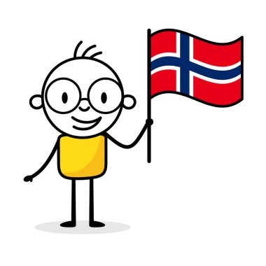 Norveç bayrağını tutan adam beyaz arka planda izole edilmiş. El çizimi karalama çizgisi sanatçısı. Ülke kavramı. Vektör stok illüstrasyonu