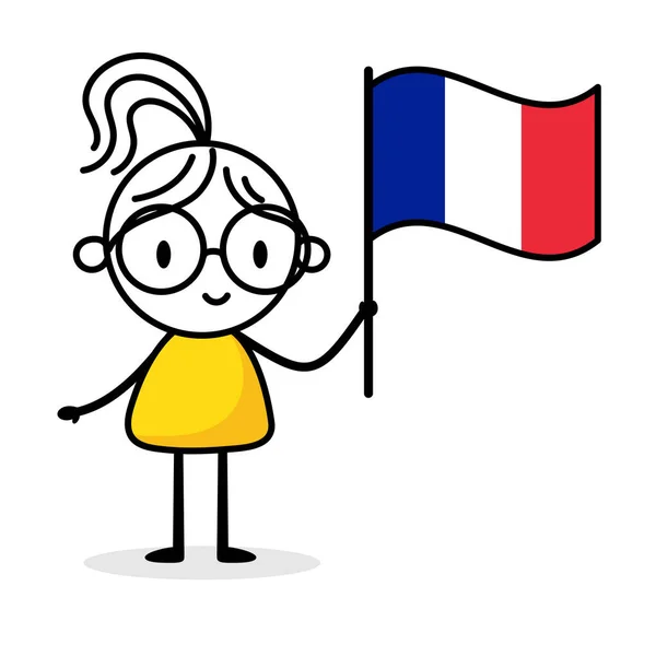 白を背景にフランスの国旗を掲げる女性 手描きのドアラインアートマン 国の概念 ベクターストックイラスト — ストックベクタ