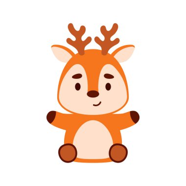 Oturan sevimli bir geyik. Çocuk tişörtleri, bebek odası dekorasyonu, bebek partisi, tebrik kartları, davetiyeler, kitap ayracı, ev dekorasyonu için çizgi film karakteri tasarımı. Vektör stok illüstrasyonu