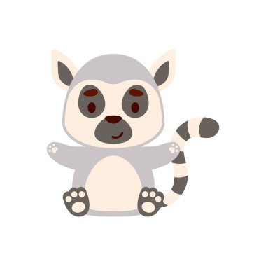 Oturan şirin lemur. Çocuk tişörtleri, bebek odası dekorasyonu, bebek partisi, tebrik kartları, davetiyeler, kitap ayracı, ev dekorasyonu için çizgi film karakteri tasarımı. Vektör stok illüstrasyonu