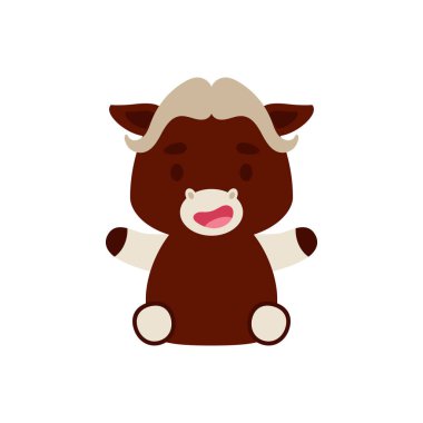 Oturan şirin misk öküzü. Çocuk tişörtleri, bebek odası dekorasyonu, bebek partisi, tebrik kartları, davetiyeler, kitap ayracı, ev dekorasyonu için çizgi film karakteri tasarımı. Vektör stok illüstrasyonu