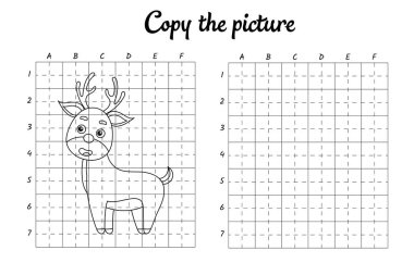 Fotoğrafı kopyala. Şebeke tarafından çiziliyor. Çocuklar için boyama kitabı sayfaları. El yazısı pratiği, çizim becerileri eğitimi. Eğitim, basılabilir çalışma tablosu geliştiriyor. Etkinlik sayfası. Şirin çizgi film vektör illüstrasyonu.
