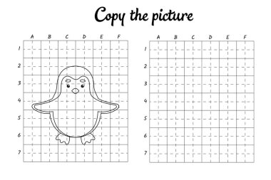 Fotoğrafı kopyala. Şebeke tarafından çiziliyor. Çocuklar için boyama kitabı sayfaları. El yazısı pratiği, çizim becerileri eğitimi. Eğitim, basılabilir çalışma tablosu geliştiriyor. Etkinlik sayfası. Şirin çizgi film vektör illüstrasyonu.