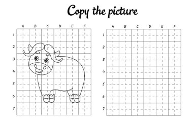 Fotoğrafı kopyala. Şebeke tarafından çiziliyor. Çocuklar için boyama kitabı sayfaları. El yazısı pratiği, çizim becerileri eğitimi. Eğitim, basılabilir çalışma tablosu geliştiriyor. Etkinlik sayfası. Şirin çizgi film vektör illüstrasyonu.