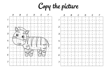 Fotoğrafı kopyala. Şebeke tarafından çiziliyor. Çocuklar için boyama kitabı sayfaları. El yazısı pratiği, çizim becerileri eğitimi. Eğitim, basılabilir çalışma tablosu geliştiriyor. Etkinlik sayfası. Şirin çizgi film vektör illüstrasyonu.