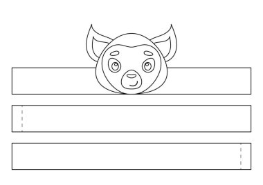 Yazdırılabilir lemurdan bir taç. Eğlence için eğlenceli bir aksesuar. Doğum günü, noel, bebek partisi için kurdele şablonu. Yazdır, boya, kes ve yapıştır. Vektör stok illüstrasyonu.