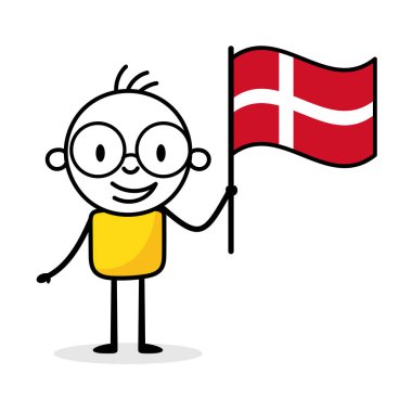 Beyaz arka planda Danimarka bayrağı tutan adam. El çizimi karalama çizgisi sanatçısı. Ülke kavramı. Vektör stok illüstrasyonu