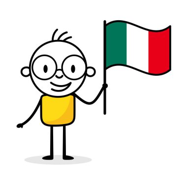 Man holding flag of Italy isolated on white background. Hand drawn doodle line art man. Concept of country. Vector stock illustration
