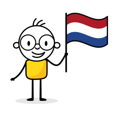 Beyaz arka planda Hollanda bayrağı taşıyan adam. El çizimi karalama çizgisi sanatçısı. Ülke kavramı. Vektör stok illüstrasyonu