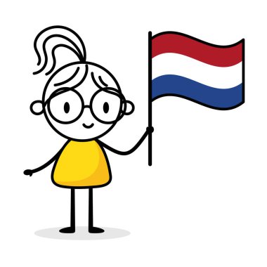 Beyaz arka planda Hollanda bayrağı taşıyan kadın. El çizimi karalama çizgisi sanatçısı. Ülke kavramı. Vektör stok illüstrasyonu