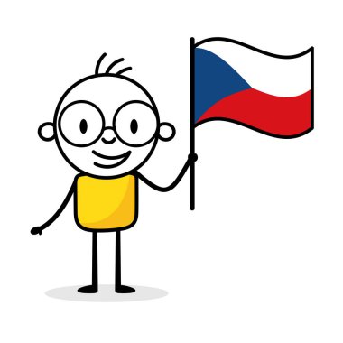 Çek Cumhuriyeti bayrağını tutan adam beyaz arka planda izole edilmiş. El çizimi karalama çizgisi sanatçısı. Ülke kavramı. Vektör stok illüstrasyonu