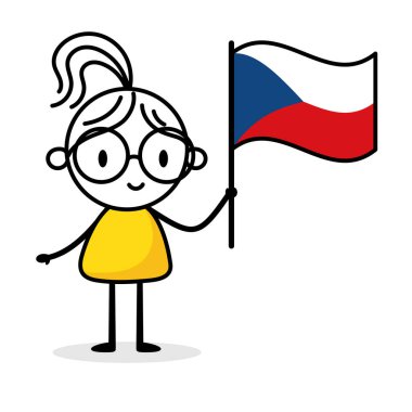 Çek Cumhuriyeti bayrağını beyaz arka planda tutan kadın. El çizimi karalama çizgisi sanatçısı. Ülke kavramı. Vektör stok illüstrasyonu