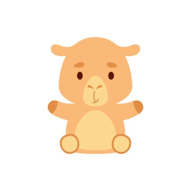 Oturan sevimli deve. Çocuk tişörtleri, bebek odası dekorasyonu, bebek partisi, tebrik kartları, davetiyeler, kitap ayracı, ev dekorasyonu için çizgi film karakteri tasarımı. Vektör stok illüstrasyonu