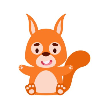 Oturan şirin bir sincap. Çocuk tişörtleri, bebek odası dekorasyonu, bebek partisi, tebrik kartları, davetiyeler, kitap ayracı, ev dekorasyonu için çizgi film karakteri tasarımı. Vektör stok illüstrasyonu