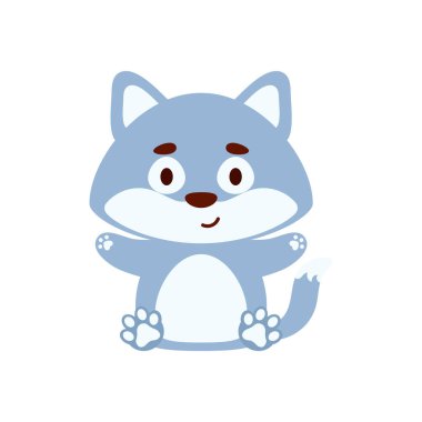 Oturan şirin kurt. Çocuk tişörtleri, bebek odası dekorasyonu, bebek partisi, tebrik kartları, davetiyeler, kitap ayracı, ev dekorasyonu için çizgi film karakteri tasarımı. Vektör stok illüstrasyonu