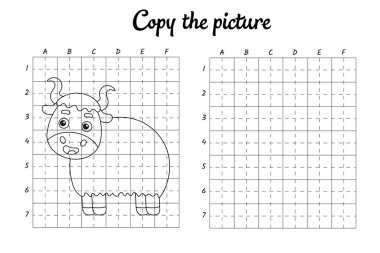 Fotoğrafı kopyala. Şebeke tarafından çiziliyor. Çocuklar için boyama kitabı sayfaları. El yazısı pratiği, çizim becerileri eğitimi. Eğitim, basılabilir çalışma tablosu geliştiriyor. Etkinlik sayfası. Şirin çizgi film vektör illüstrasyonu.
