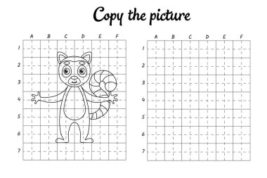 Fotoğrafı kopyala. Şebeke tarafından çiziliyor. Çocuklar için boyama kitabı sayfaları. El yazısı pratiği, çizim becerileri eğitimi. Eğitim, basılabilir çalışma tablosu geliştiriyor. Etkinlik sayfası. Şirin çizgi film vektör illüstrasyonu.