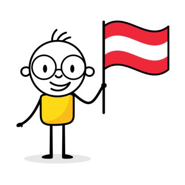 Avusturya bayrağını tutan adam beyaz arka planda izole edilmiş. El çizimi karalama çizgisi sanatçısı. Ülke kavramı. Vektör stok illüstrasyonu