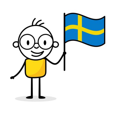 Beyaz arka planda İsveç bayrağı tutan adam. El çizimi karalama çizgisi sanatçısı. Ülke kavramı. Vektör stok illüstrasyonu