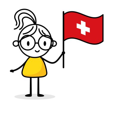 Beyaz arka planda İsviçre bayrağı tutan kadın. El çizimi karalama çizgisi sanatçısı. Ülke kavramı. Vektör stok illüstrasyonu