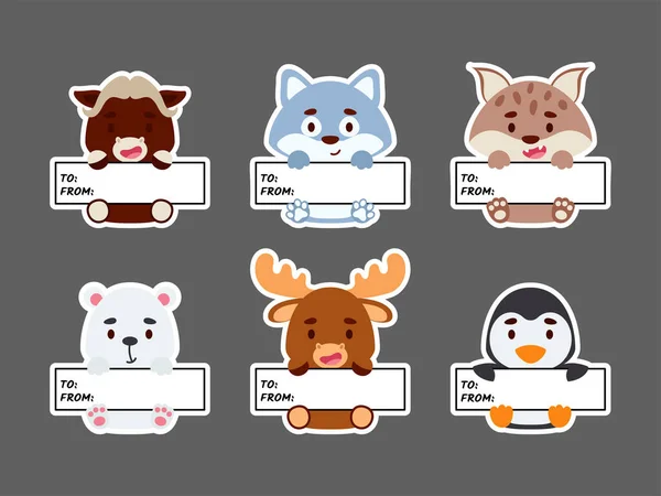 Sticky Labels Set Musk Lynx Moose Polar Bear Wolf Penguin — Archivo Imágenes Vectoriales