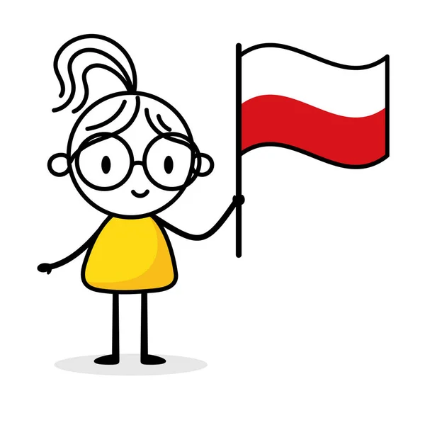 Woman Holding Flag Poland Isolated White Background Hand Drawn Doodle — Stock Vector