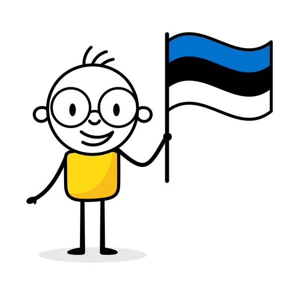 Man holding flag of Estonia isolated on white background. Hand drawn doodle line art man. Concept of country. Vector stock illustration