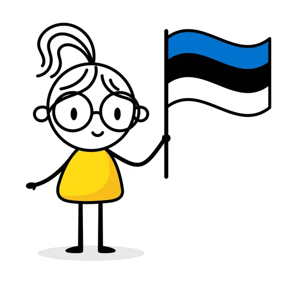 Žena Držící Vlajku Estonska Izolované Bílém Pozadí Ručně Kreslený Kreslíř — Stockový vektor