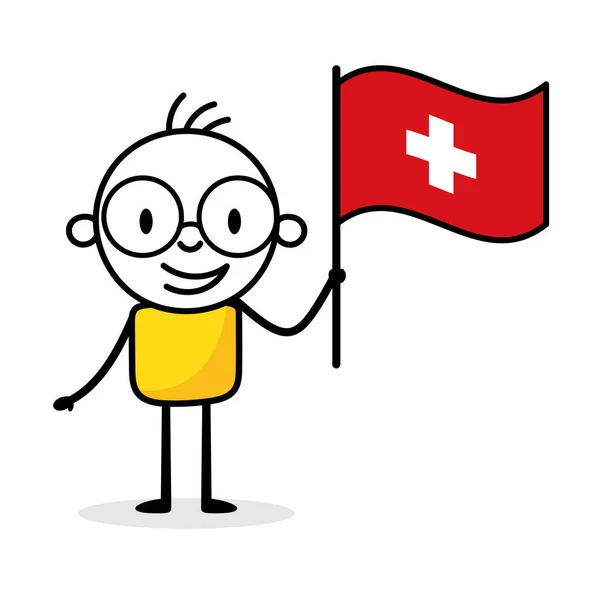 Man Holding Flag Switzerland Isolated White Background Hand Drawn Doodle — Stockový vektor