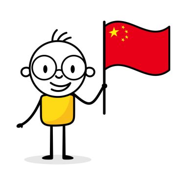 Beyaz arka planda Çin bayrağı tutan adam. El çizimi karalama çizgisi sanatçısı. Ülke kavramı. Vektör stok illüstrasyonu