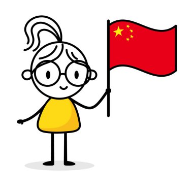 Beyaz arka planda Çin bayrağı tutan kadın. El çizimi karalama çizgisi sanatçısı. Ülke kavramı. Vektör stok illüstrasyonu