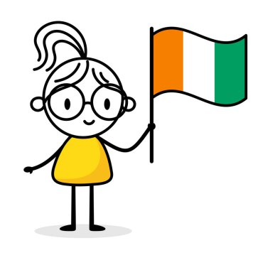 Beyaz arka planda Cote D 'ivoire bayrağı tutan kadın. El çizimi karalama çizgisi sanatçısı. Ülke kavramı. Vektör stok illüstrasyonu