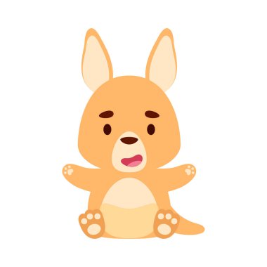 Oturan tatlı bir kanguru. Çocuk tişörtleri, bebek odası dekorasyonu, bebek partisi, tebrik kartları, davetiyeler, kitap ayracı, ev dekorasyonu için çizgi film karakteri tasarımı. Vektör stok illüstrasyonu