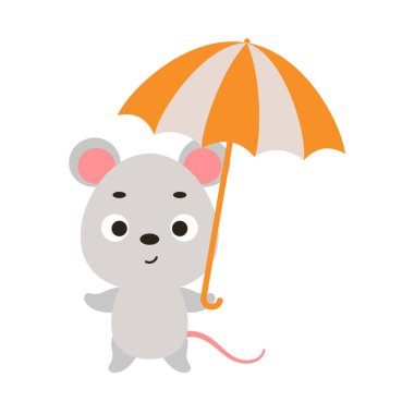 Şemsiyeli şirin bir fare. Çocuk tişörtleri için çizgi film karakteri, bebek dekorasyonu, bebek partisi, tebrik kartı, davetiye, ev içi. Vektör stok illüstrasyonu