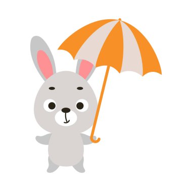 Şemsiyeli şirin küçük tavşan. Çocuk tişörtleri için çizgi film karakteri, bebek dekorasyonu, bebek partisi, tebrik kartı, davetiye, ev içi. Vektör stok illüstrasyonu