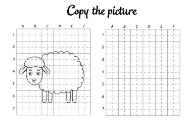 Fotoğrafı kopyala. Şebeke tarafından çiziliyor. Çocuklar için boyama kitabı sayfaları. El yazısı pratiği, çizim becerileri eğitimi. Eğitim, basılabilir çalışma tablosu geliştiriyor. Etkinlik sayfası. Şirin çizgi film vektör illüstrasyonu.