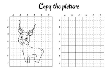 Fotoğrafı kopyala. Şebeke tarafından çiziliyor. Çocuklar için boyama kitabı sayfaları. El yazısı pratiği, çizim becerileri eğitimi. Eğitim, basılabilir çalışma tablosu geliştiriyor. Etkinlik sayfası. Şirin çizgi film vektör illüstrasyonu.