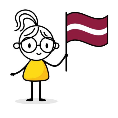 Beyaz arka planda Letonya bayrağı tutan kadın. El çizimi karalama çizgisi sanatçısı. Ülke kavramı. Vektör stok illüstrasyonu