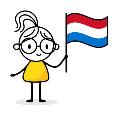 Beyaz arka planda Lüksemburg bayrağı taşıyan kadın. El çizimi karalama çizgisi sanatçısı. Ülke kavramı. Vektör stok illüstrasyonu