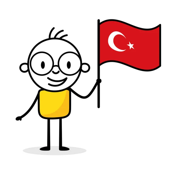 トルコの旗を持っている男は白地に隔離された 手描きのドアラインアートマン 国の概念 ベクターストックイラスト — ストックベクタ