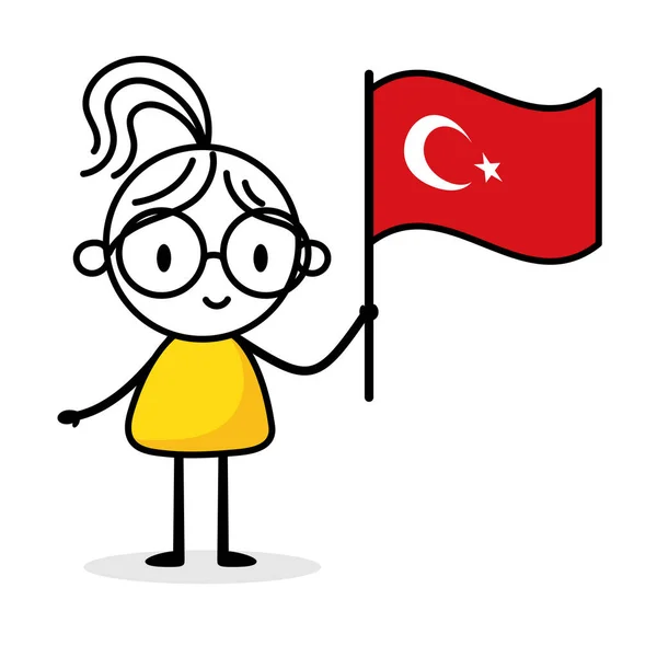 Beyaz Arka Planda Türkiye Bayrağı Taşıyan Kadın Çizimi Karalama Çizgisi — Stok Vektör