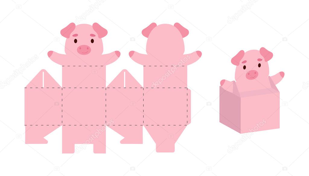 Simple packaging favor box pig design for sweets, candies, small presents. Party package template for any purposes, birthday, baby shower. Print, cut out, fold, glue. Vector stock illustration