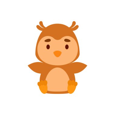 Oturan sevimli baykuş. Çocuk tişörtleri, bebek odası dekorasyonu, bebek partisi, tebrik kartları, davetiyeler, kitap ayracı, ev dekorasyonu için çizgi film karakteri tasarımı. Vektör stok illüstrasyonu