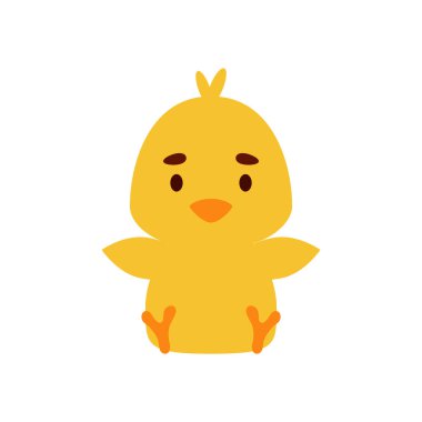 Oturan şirin tavuk. Çocuk tişörtleri, bebek odası dekorasyonu, bebek partisi, tebrik kartları, davetiyeler, kitap ayracı, ev dekorasyonu için çizgi film karakteri tasarımı. Vektör stok illüstrasyonu