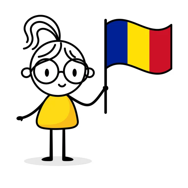 Mujer Con Bandera Rumania Aislada Sobre Fondo Blanco Mano Dibujada — Vector de stock