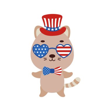 Amerikan vatansever şapkası ve gözlüklü şirin bir kedi. Çocuk tişörtü, dekorasyon, bebek partisi, tebrik kartı, davetiye, ev içi. Vektör stok illüstrasyonu