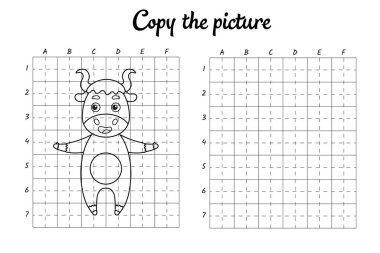 Fotoğrafı kopyala. Şebeke tarafından çiziliyor. Çocuklar için boyama kitabı sayfaları. El yazısı pratiği, çizim becerileri eğitimi. Eğitim, basılabilir çalışma tablosu geliştiriyor. Etkinlik sayfası. Şirin çizgi film vektör illüstrasyonu.